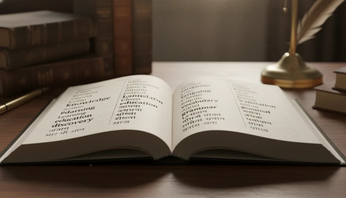 Open English-Hindi dictionary on desk with Devanagari script