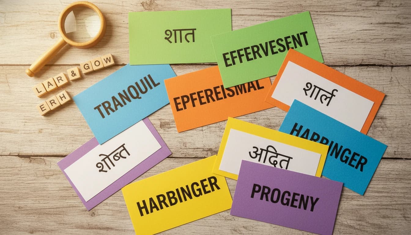 Colorful vocabulary flashcards with Hindi and English words