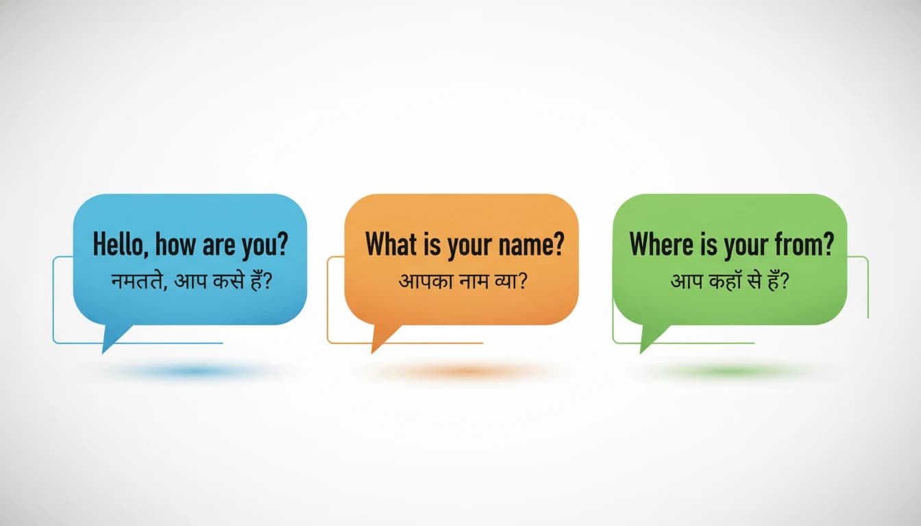 Two people having a conversation with speech bubbles in English and Hindi