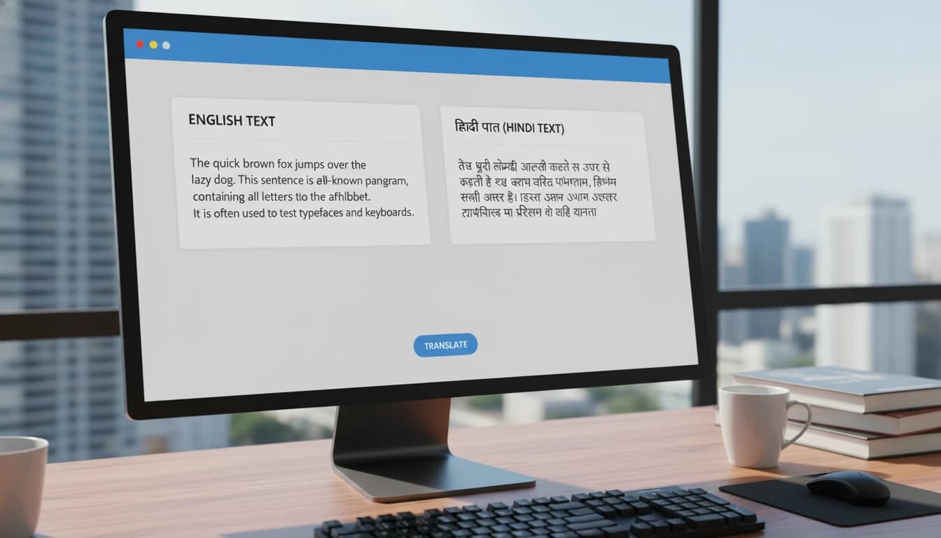 Digital document being translated from English to Hindi on a laptop screen
