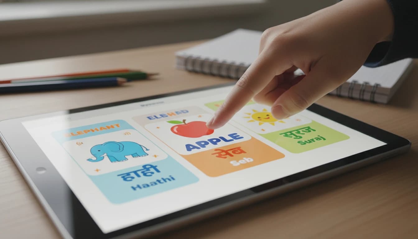 Student diligently studying vocabulary notes in a library