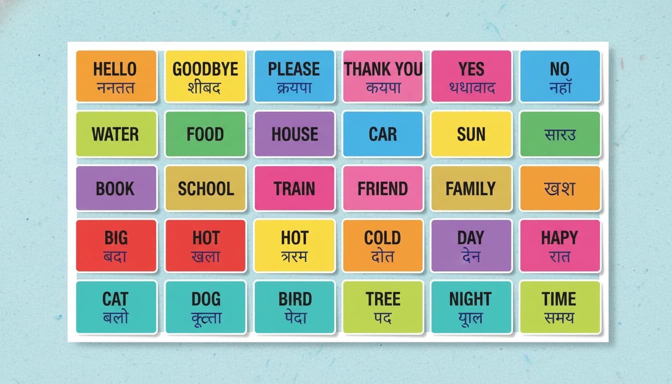 Simple and clear flashcards showing basic English words with Hindi translations