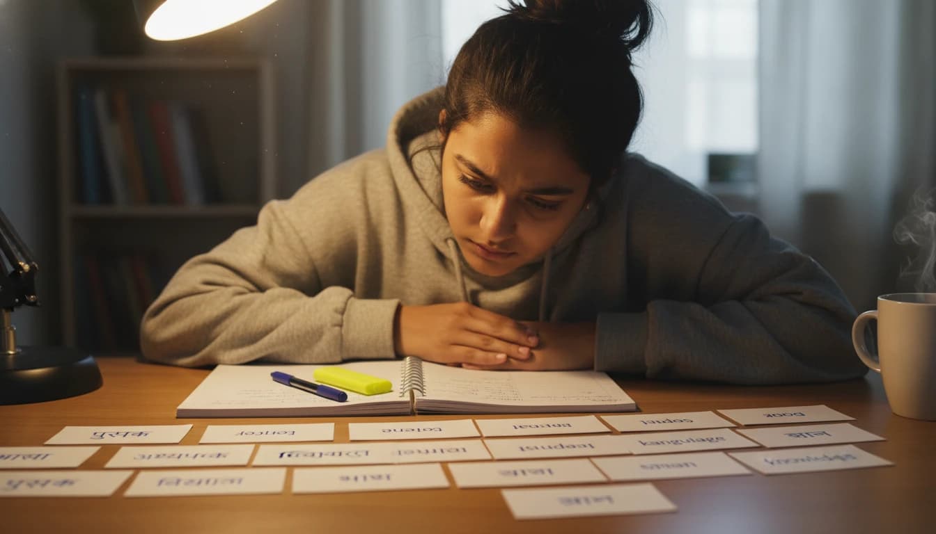Student practicing vocabulary with a notebook and pen