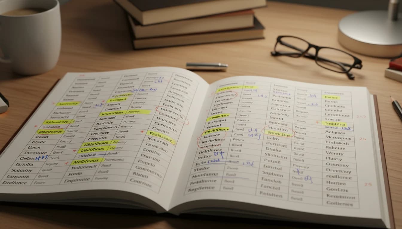 Set of vocabulary flashcards arranged on a study table