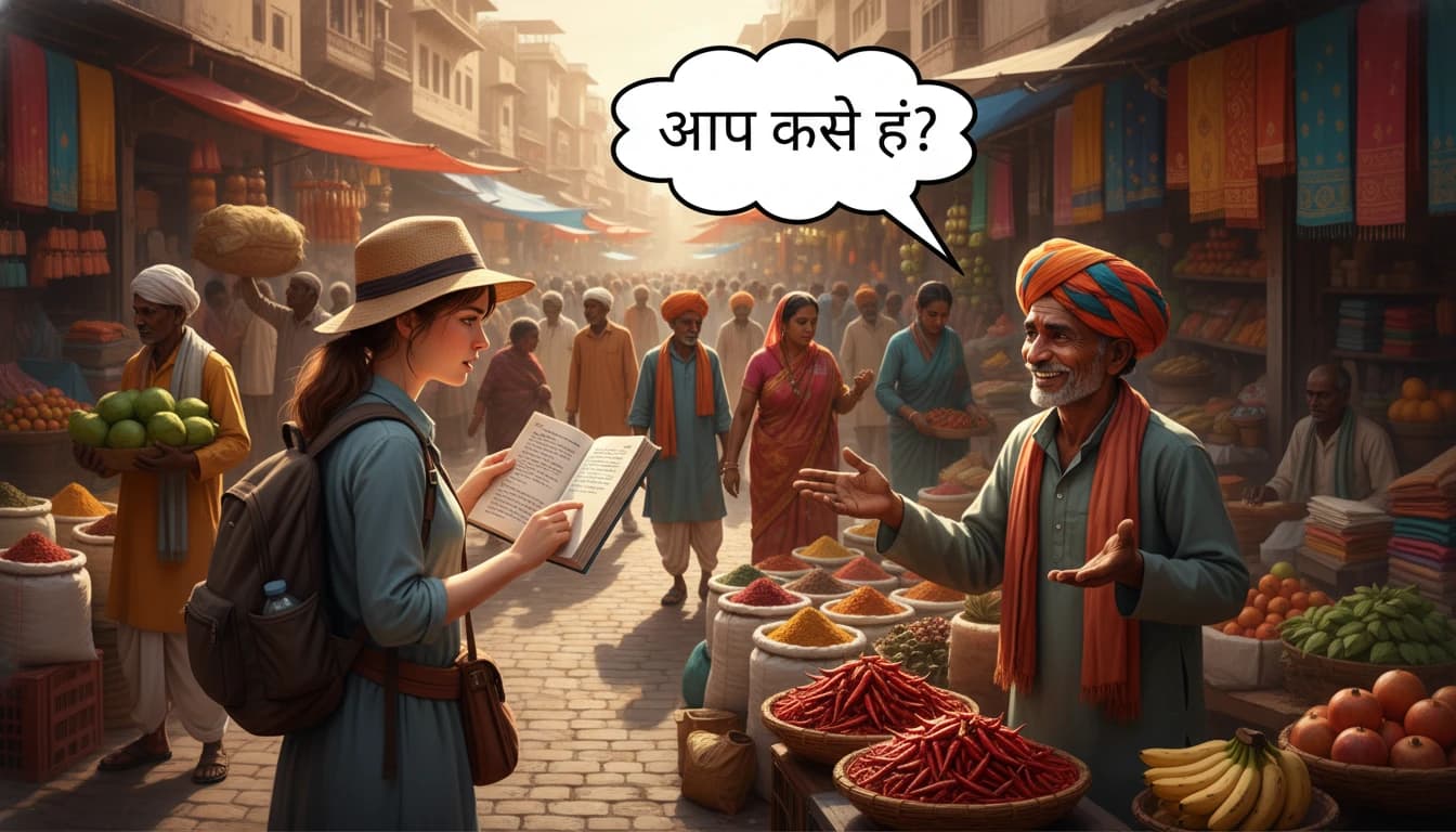 Student learning Hindi vocabulary with flashcards and books