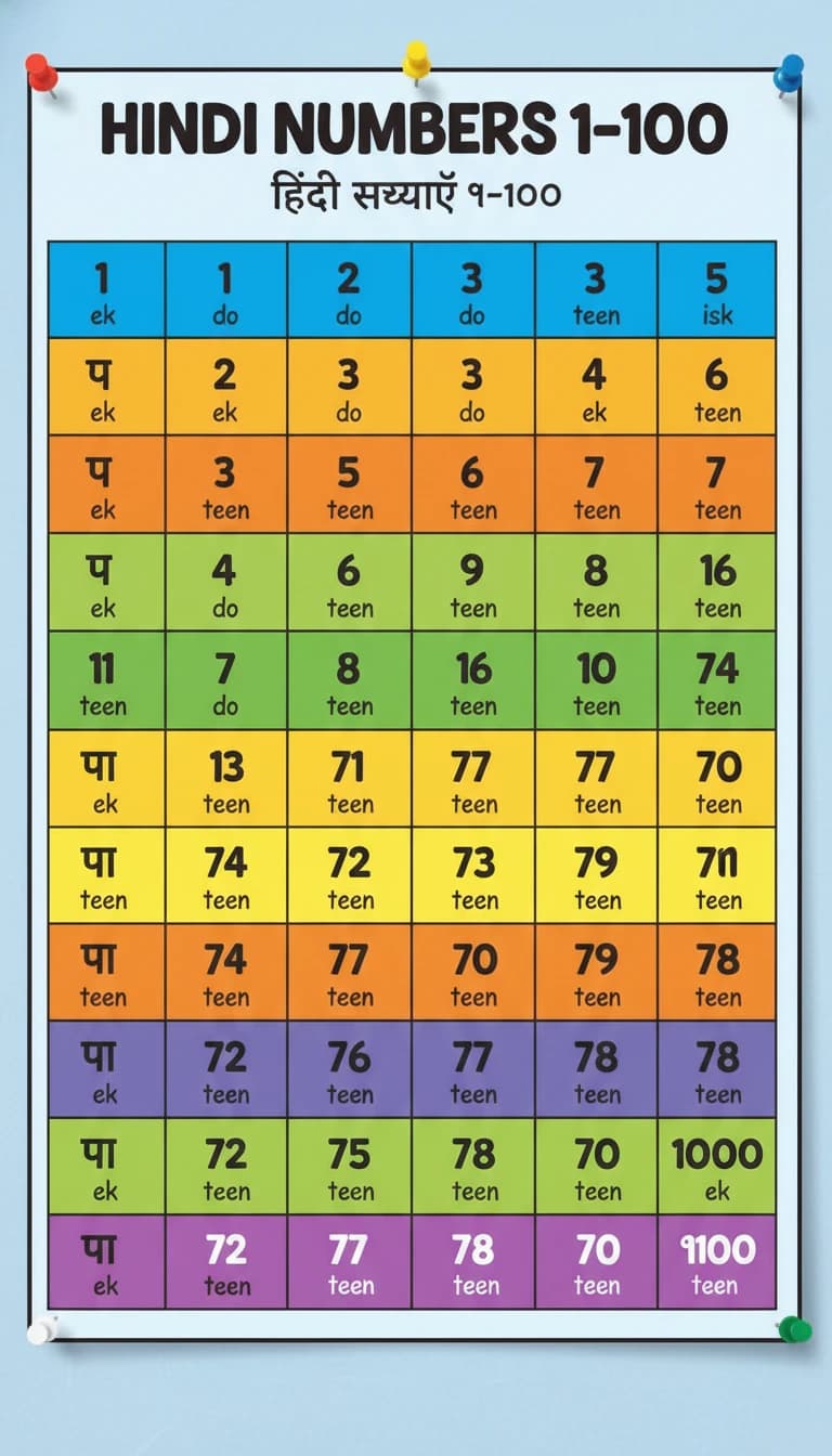Colorful chart displaying Hindi numbers from 1 to 100