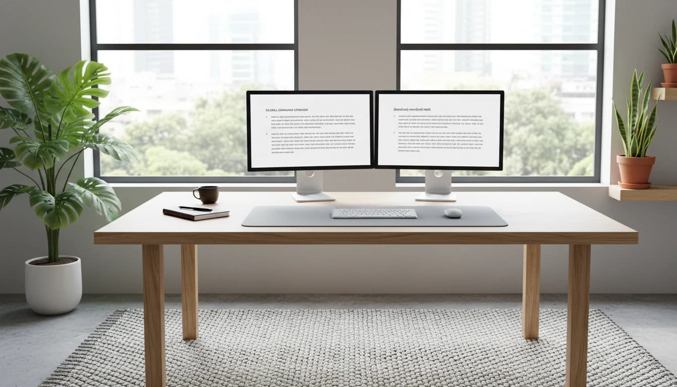 Professional translator workspace with dual monitors