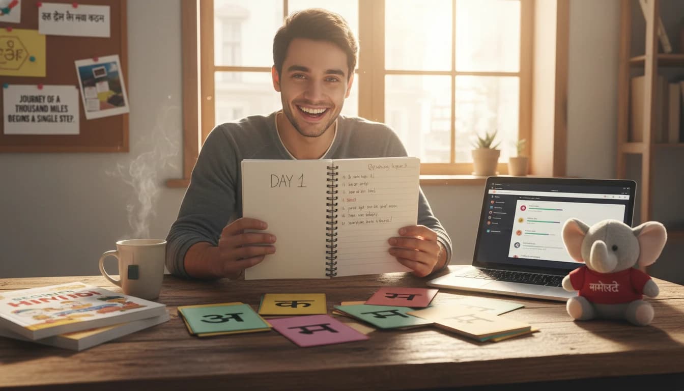 Basket of fresh fruits labeled with their Hindi names