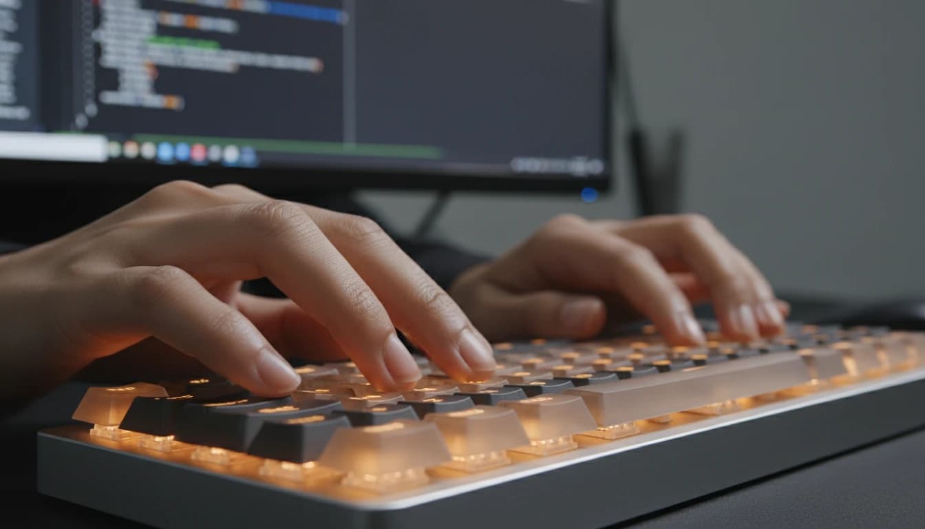 Close-up of hands typing Hindi on backlit keyboard
