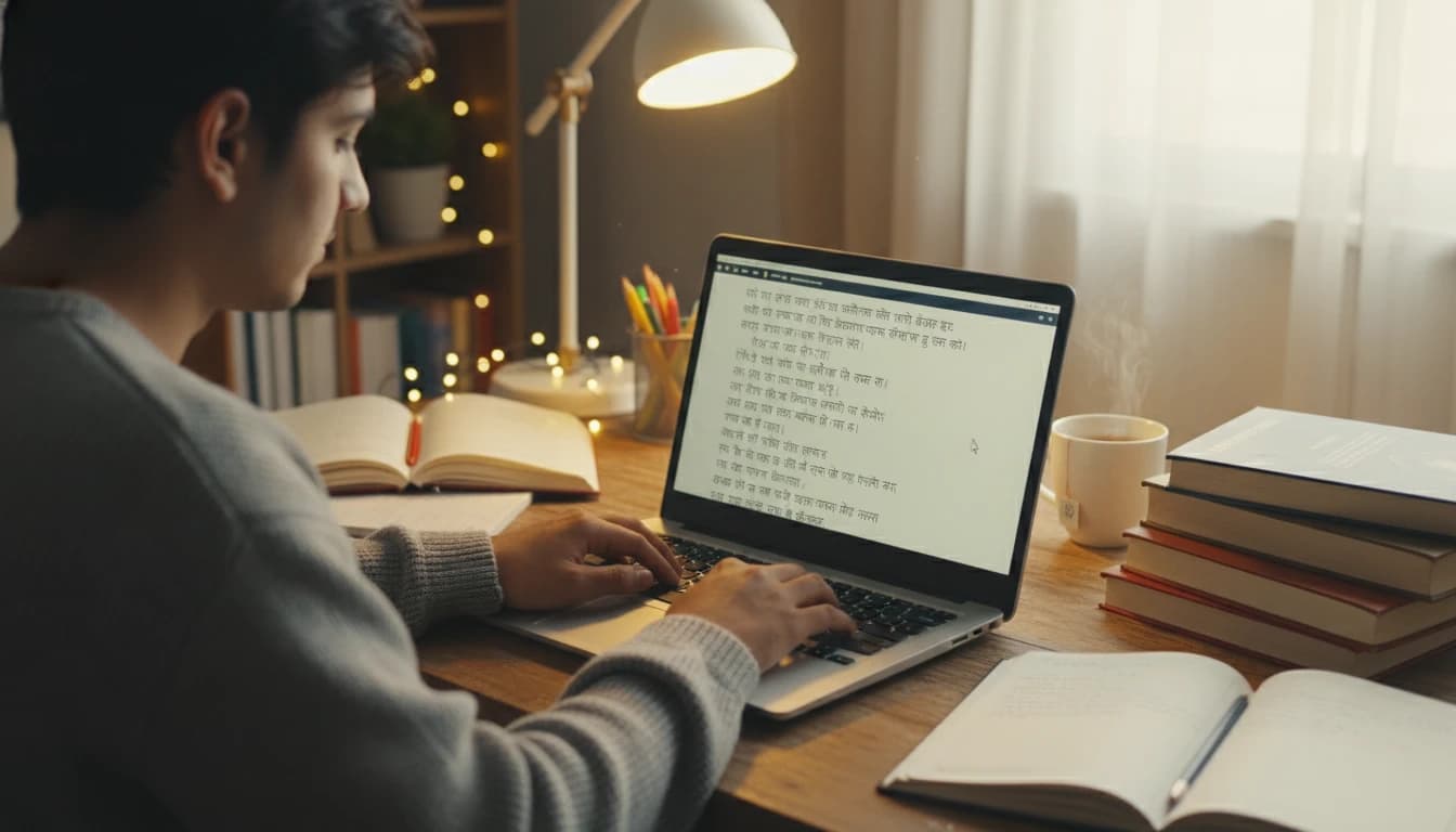 Student practicing Hindi typing on laptop in cozy environment